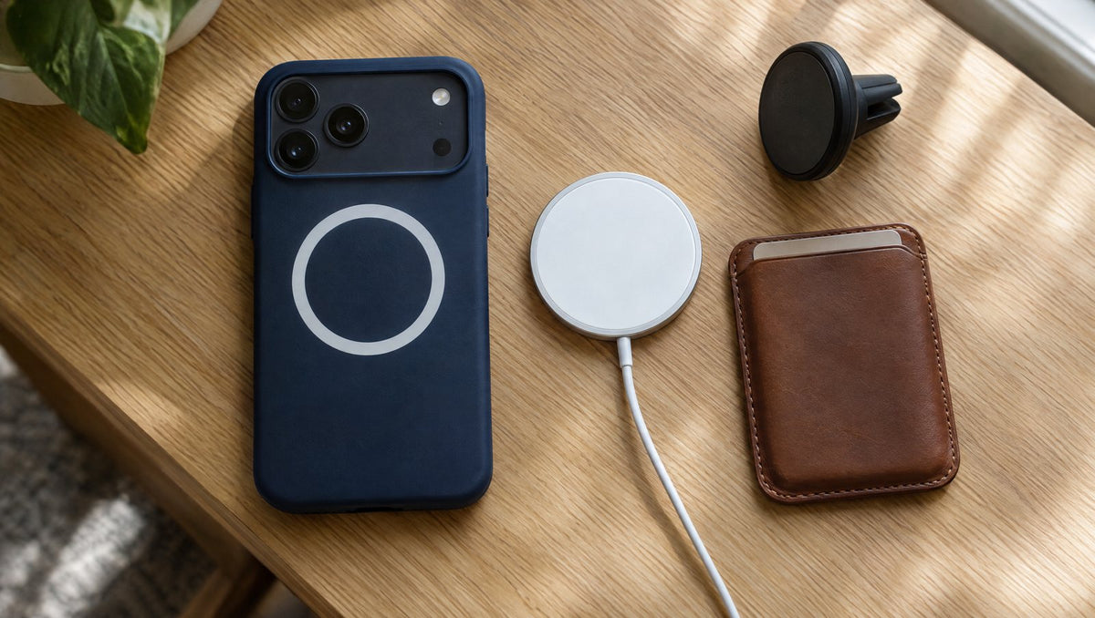 iPhone 18 Pro Max in a navy MagSafe case next to a MagSafe charger, leather card wallet and car vent mount on a wooden desk