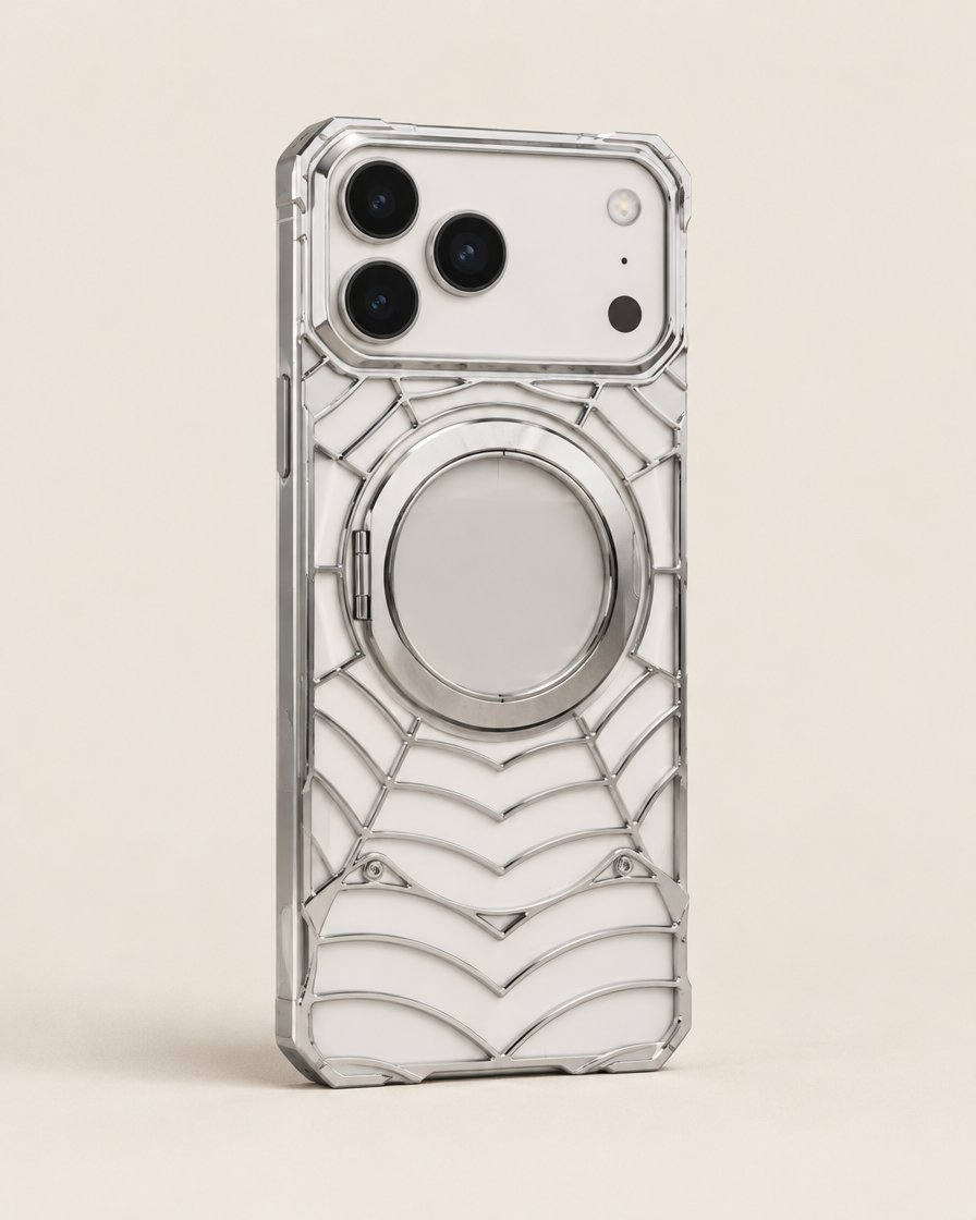 Spider-Web Metal Ring iPhone Case in Silver