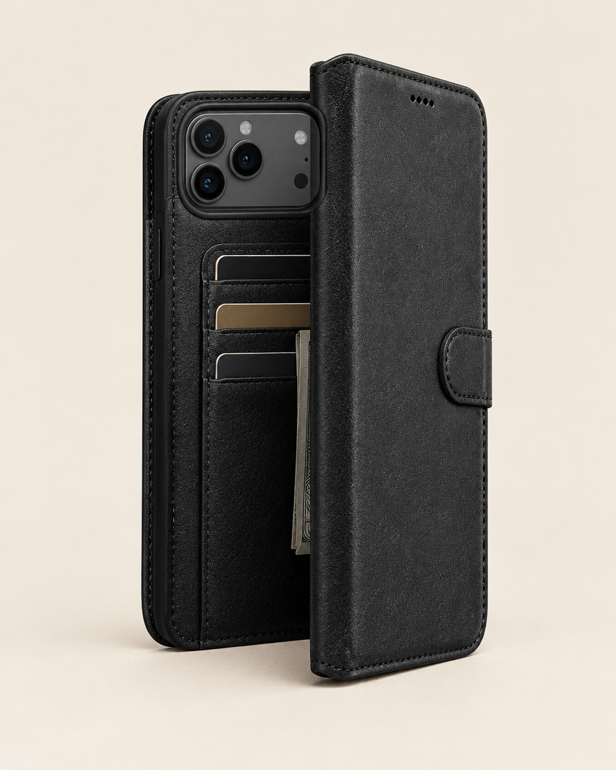 Leather Folio Wallet iPhone Case in Black