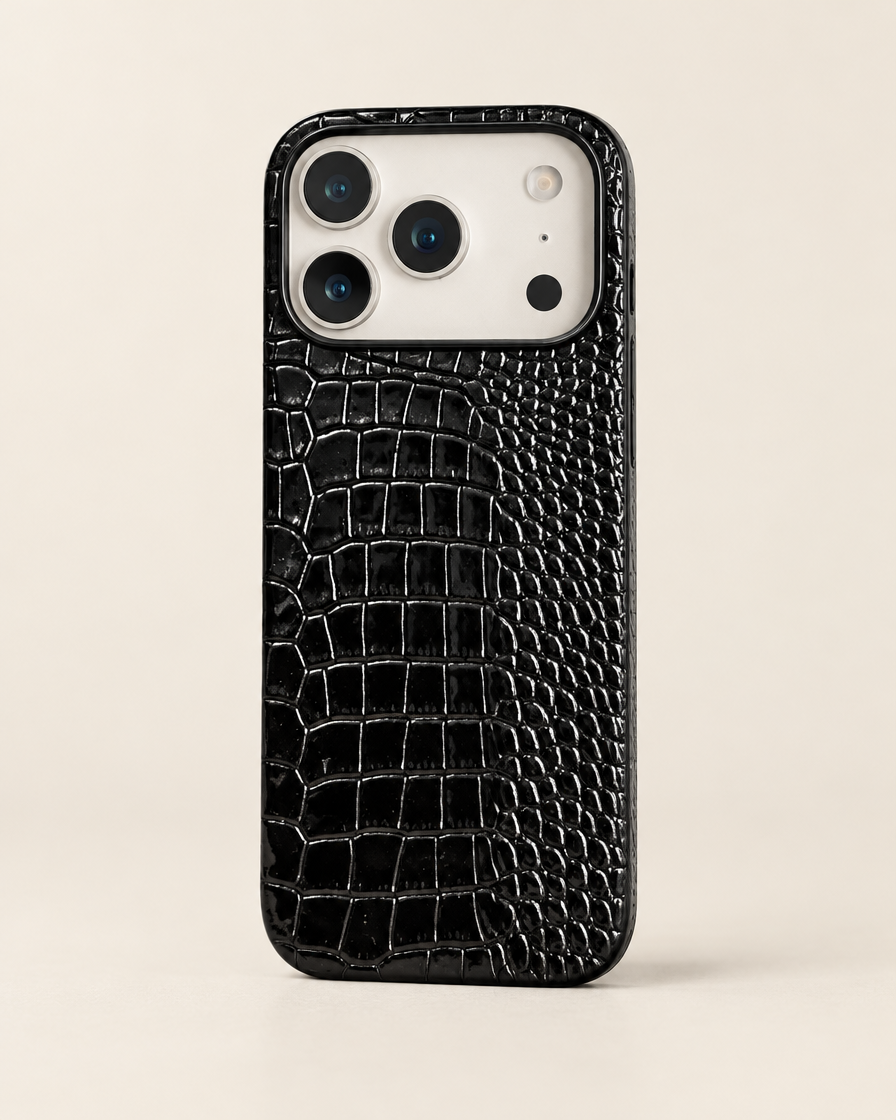 Croc Embossed Leather iPhone Case in Black