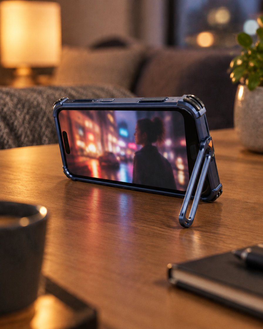 Metal Stand Frame iPhone Case in use