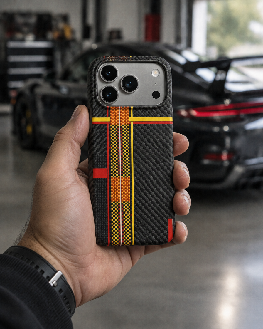 Carbon Racing Stripe iPhone Case in hand