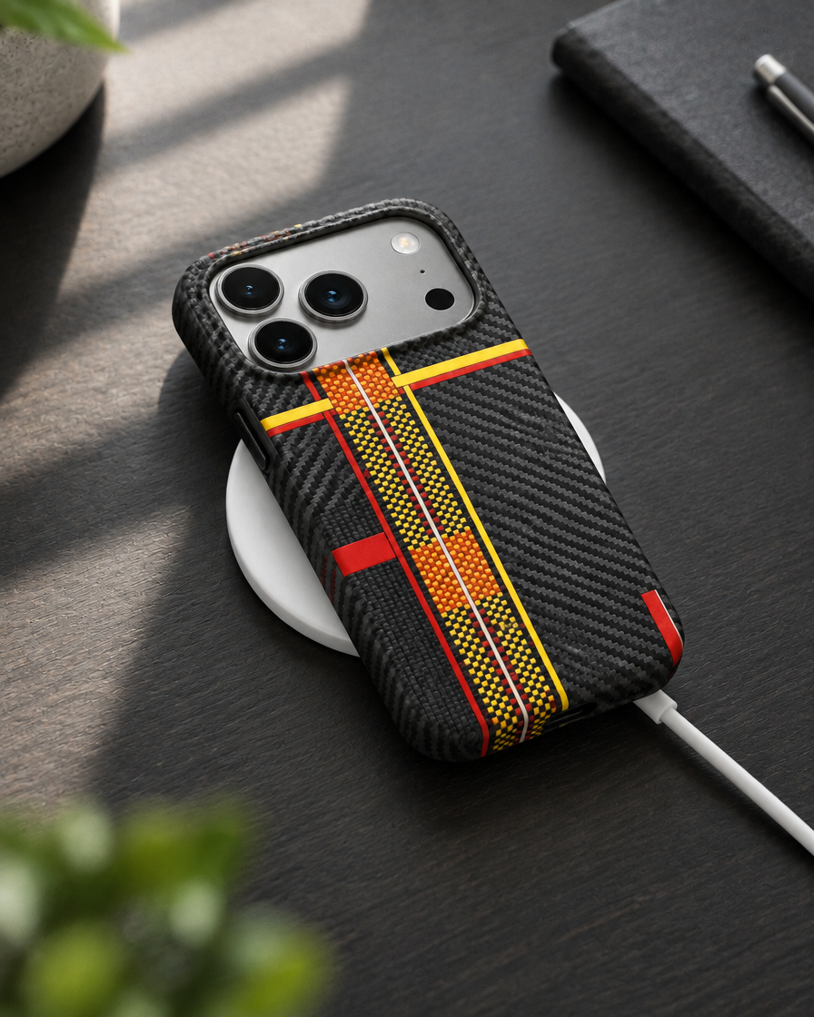 Carbon Racing Stripe iPhone Case in use