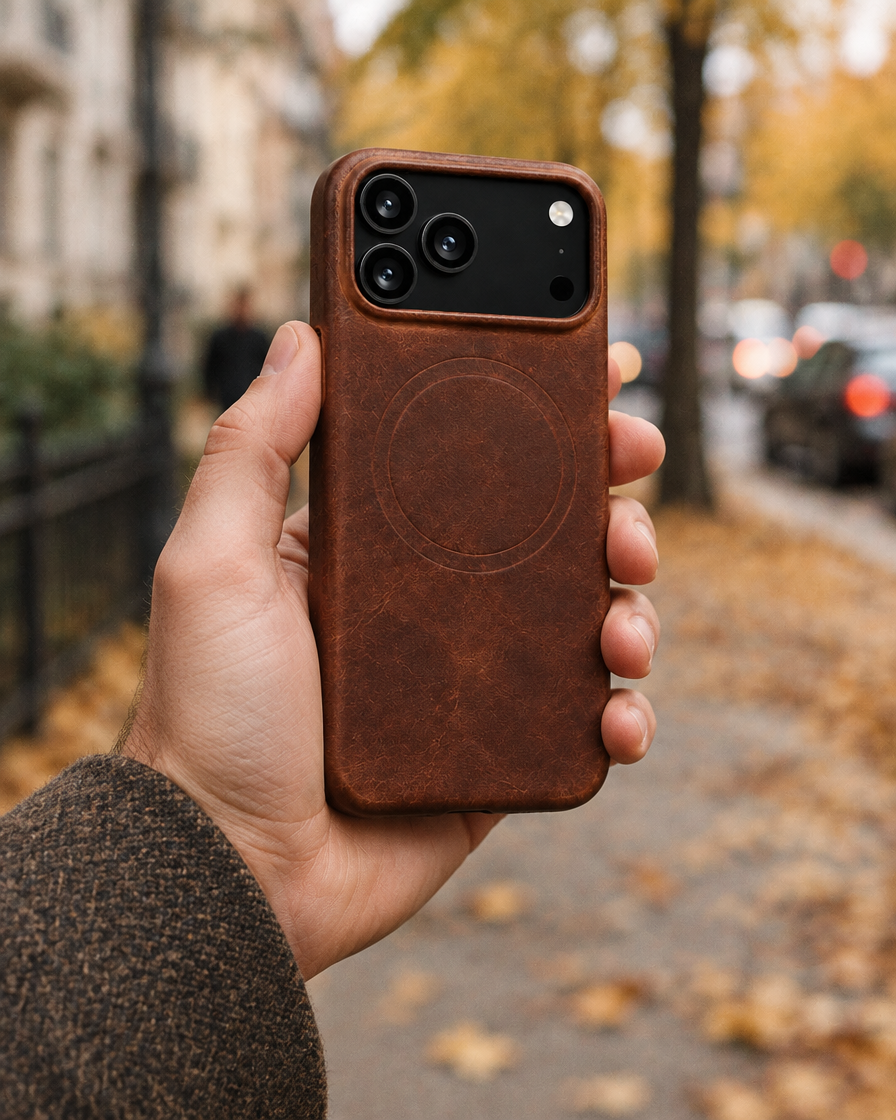 Oil-Wax Leather MagSafe iPhone Case in hand