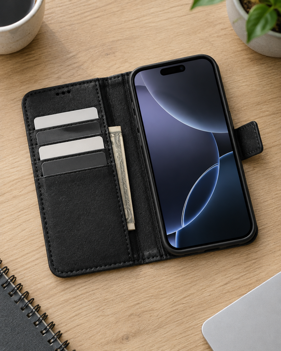 Leather Folio Wallet iPhone Case in use