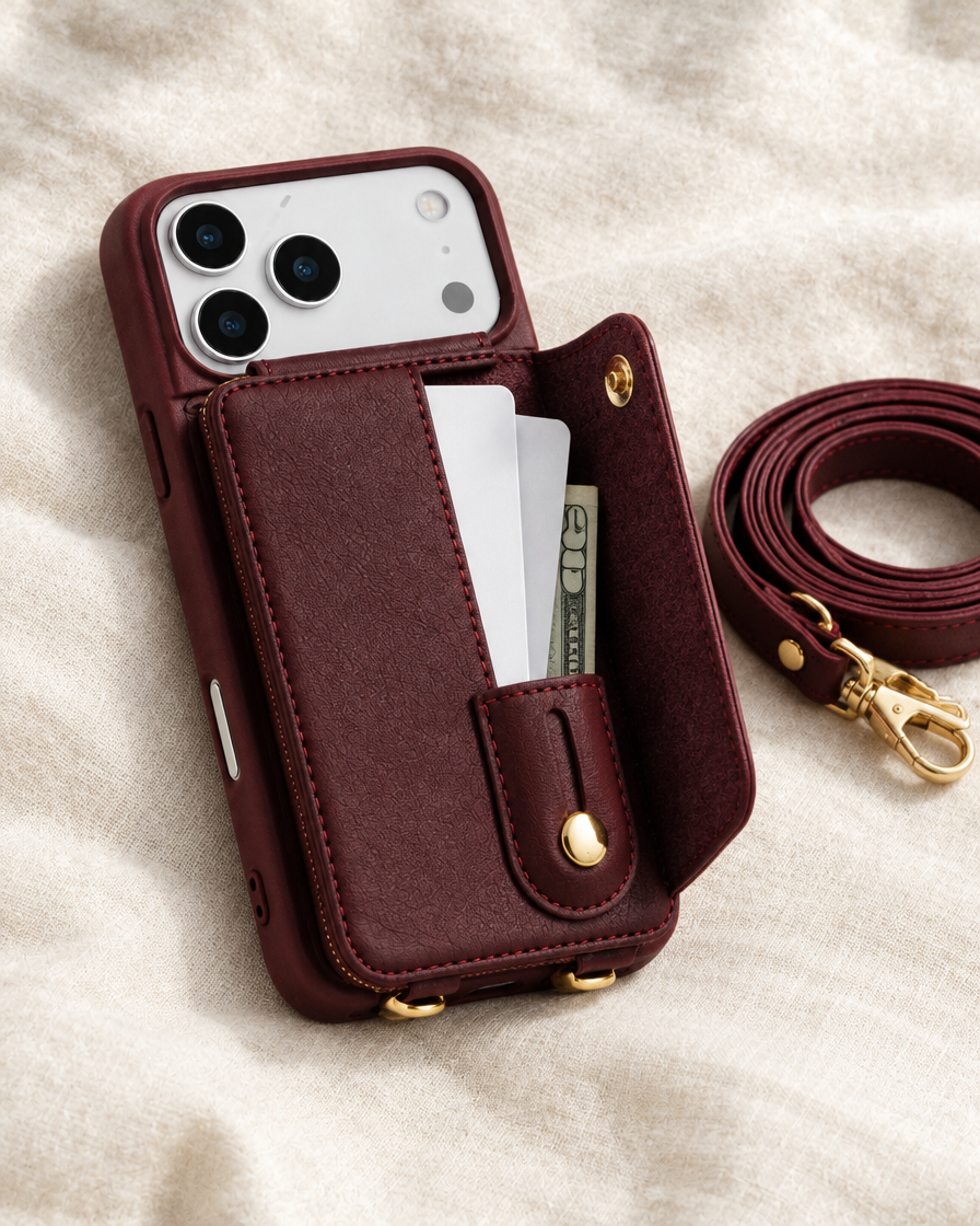 Crossbody Leather Wallet iPhone Case in use