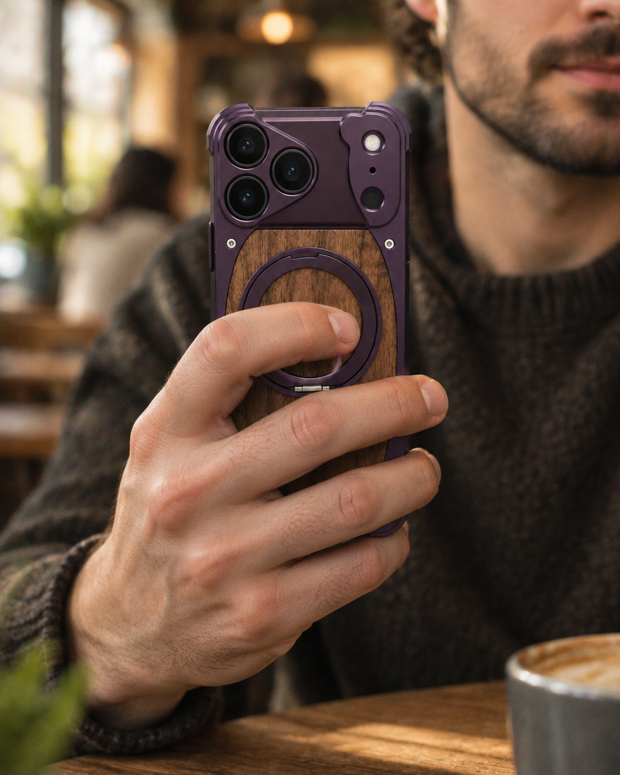 Walnut & Metal Ring iPhone Case in hand