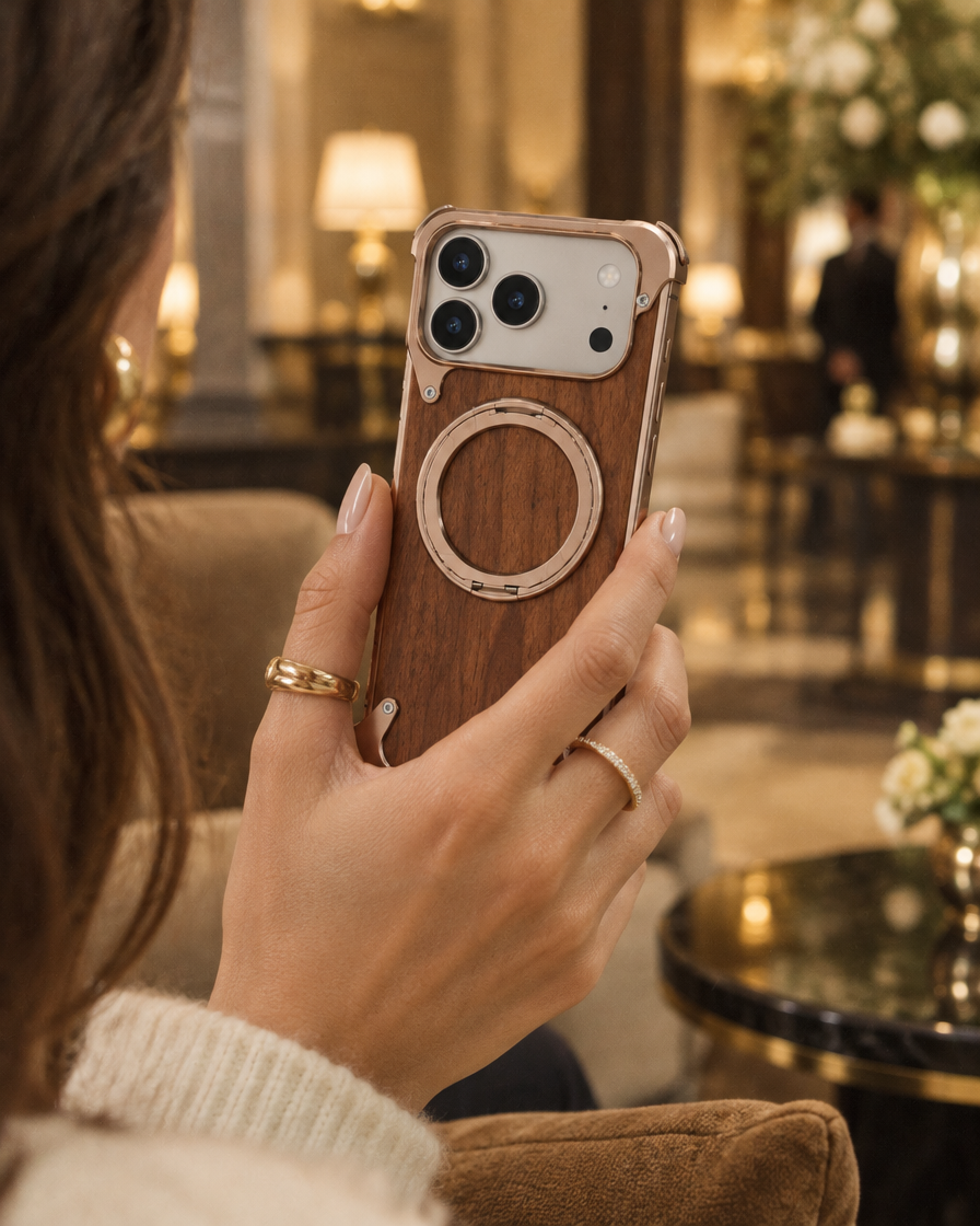 Walnut Skeleton Ring iPhone Case in hand