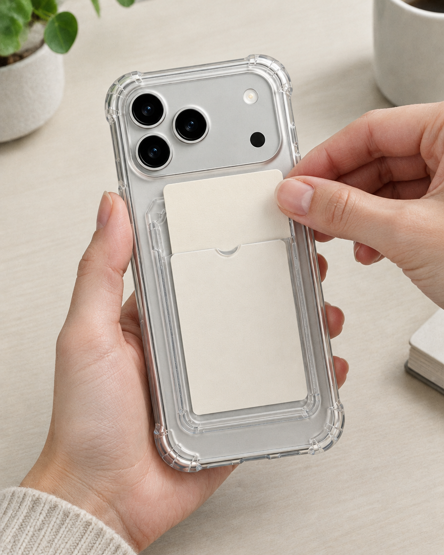 Clear Card Pocket iPhone Case in use