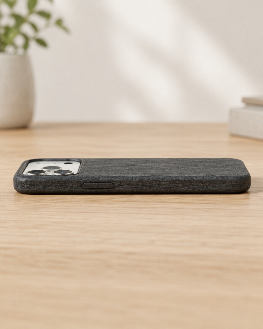 Wood Grain Leather iPhone Case in use