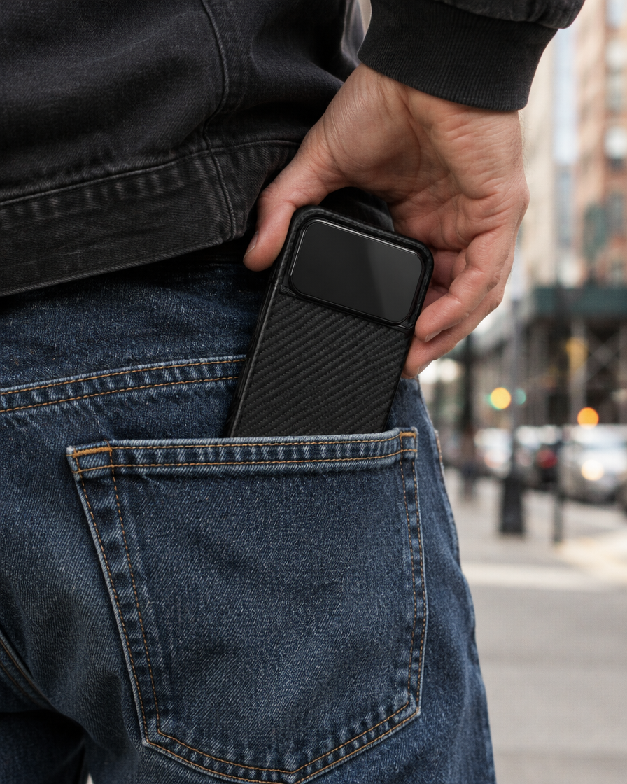 Carbon Camera Shield iPhone Case in hand
