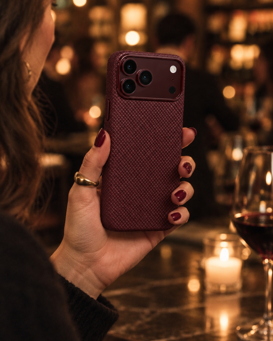 Cherry Grid Textured iPhone Case in hand