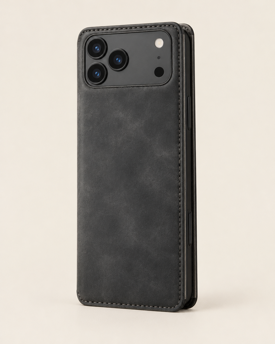 Vintage Leather Flip Wallet iPhone Case in Charcoal