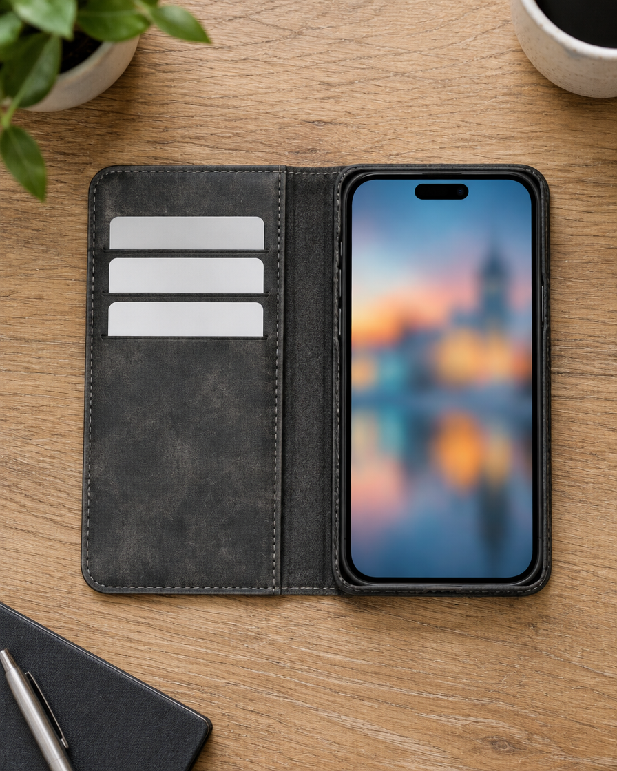Vintage Leather Flip Wallet iPhone Case in use
