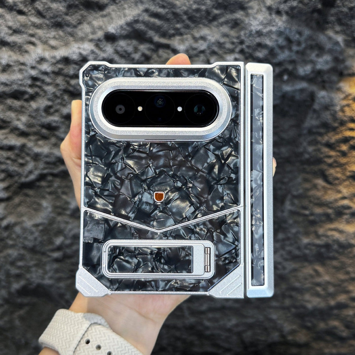 Marble Metal iPhone Duo Case with Kickstand – Silver