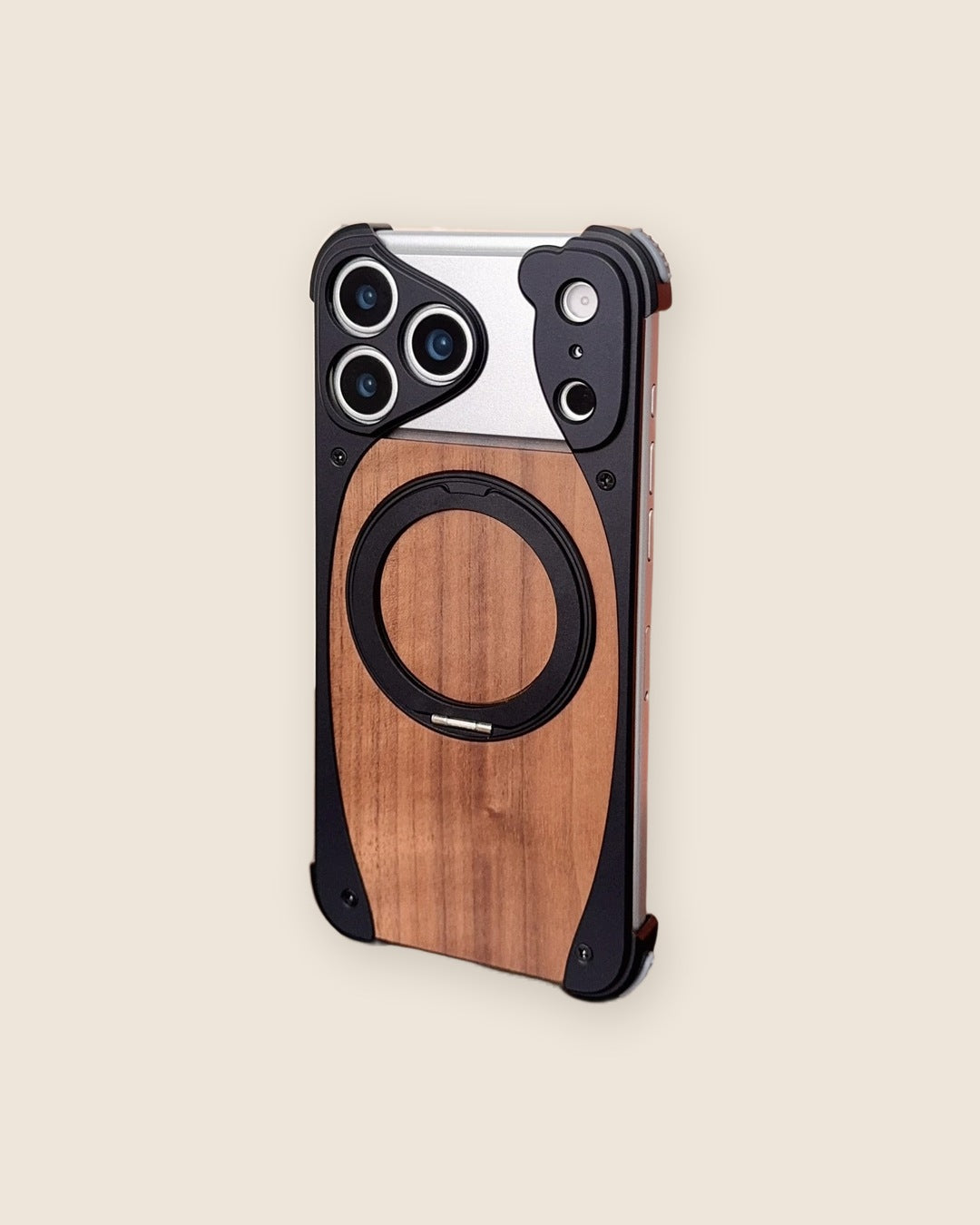 Walnut & Aluminum Ring Stand iPhone Case in Black