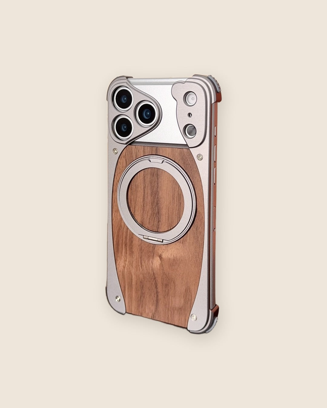 Walnut & Aluminum Ring Stand iPhone Case in Natural Titanium