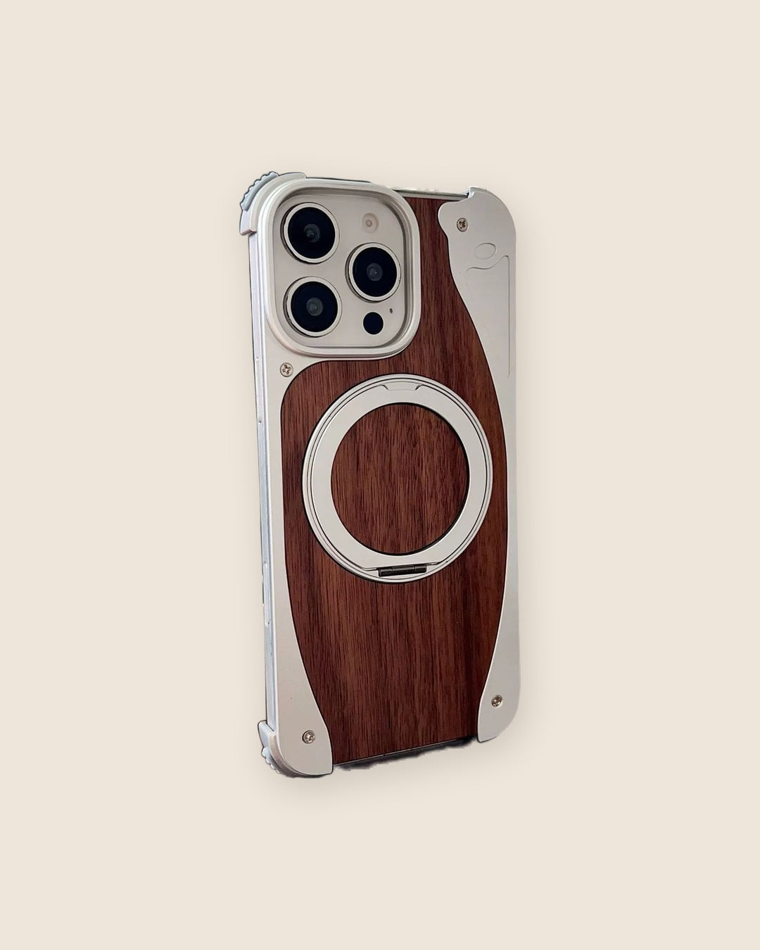 Walnut & Aluminum Ring Stand iPhone Case in Silver