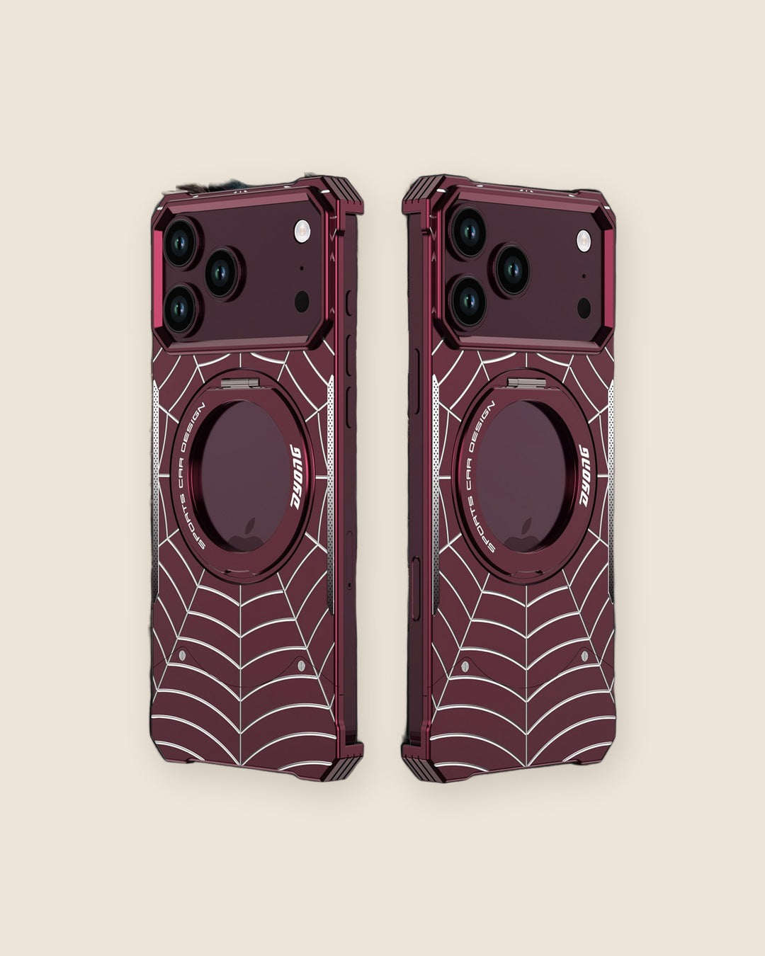 Spider-Web Armor Ring Stand iPhone Case in Burgundy