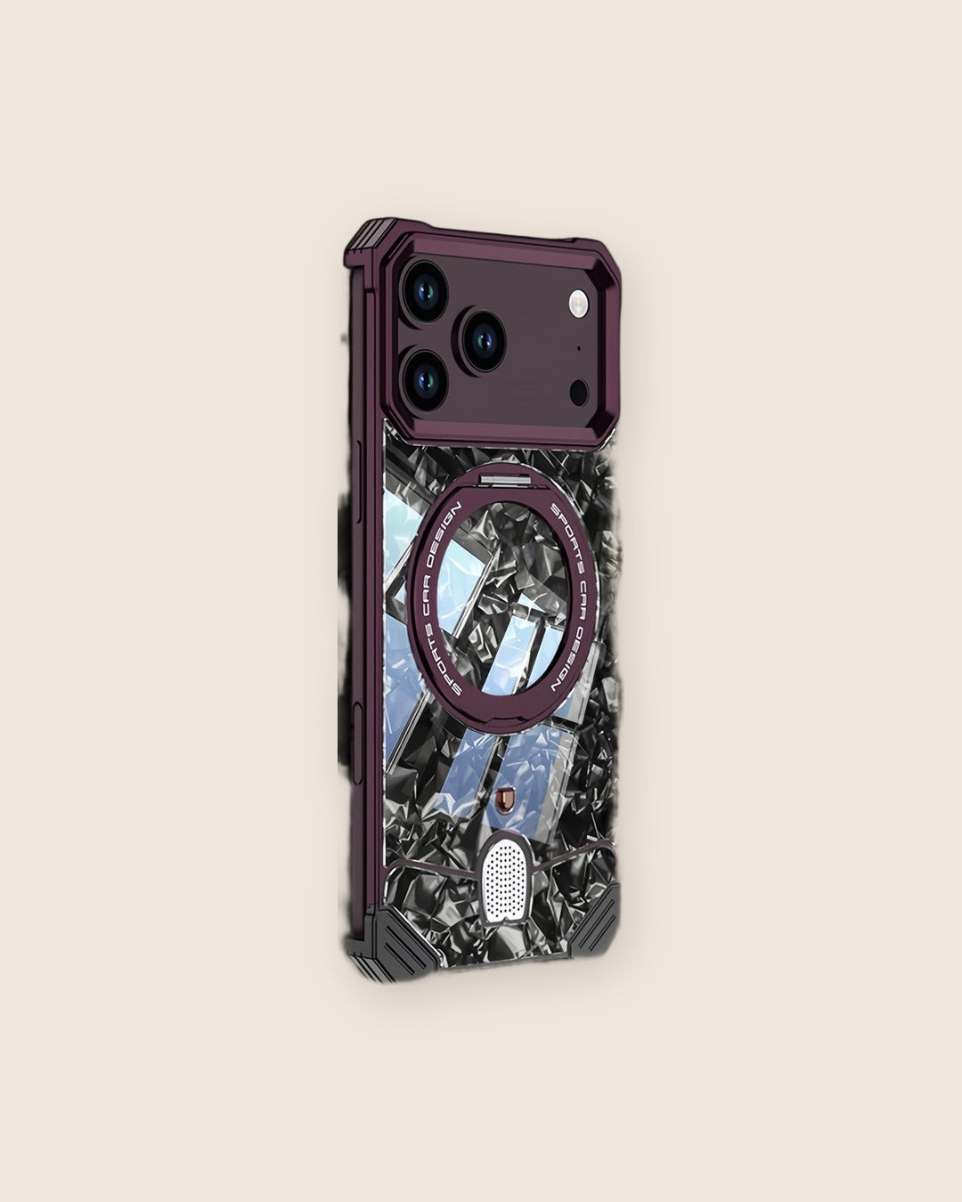 Marble Metal iPhone Case with Rotating Ring Stand in Burgundy
