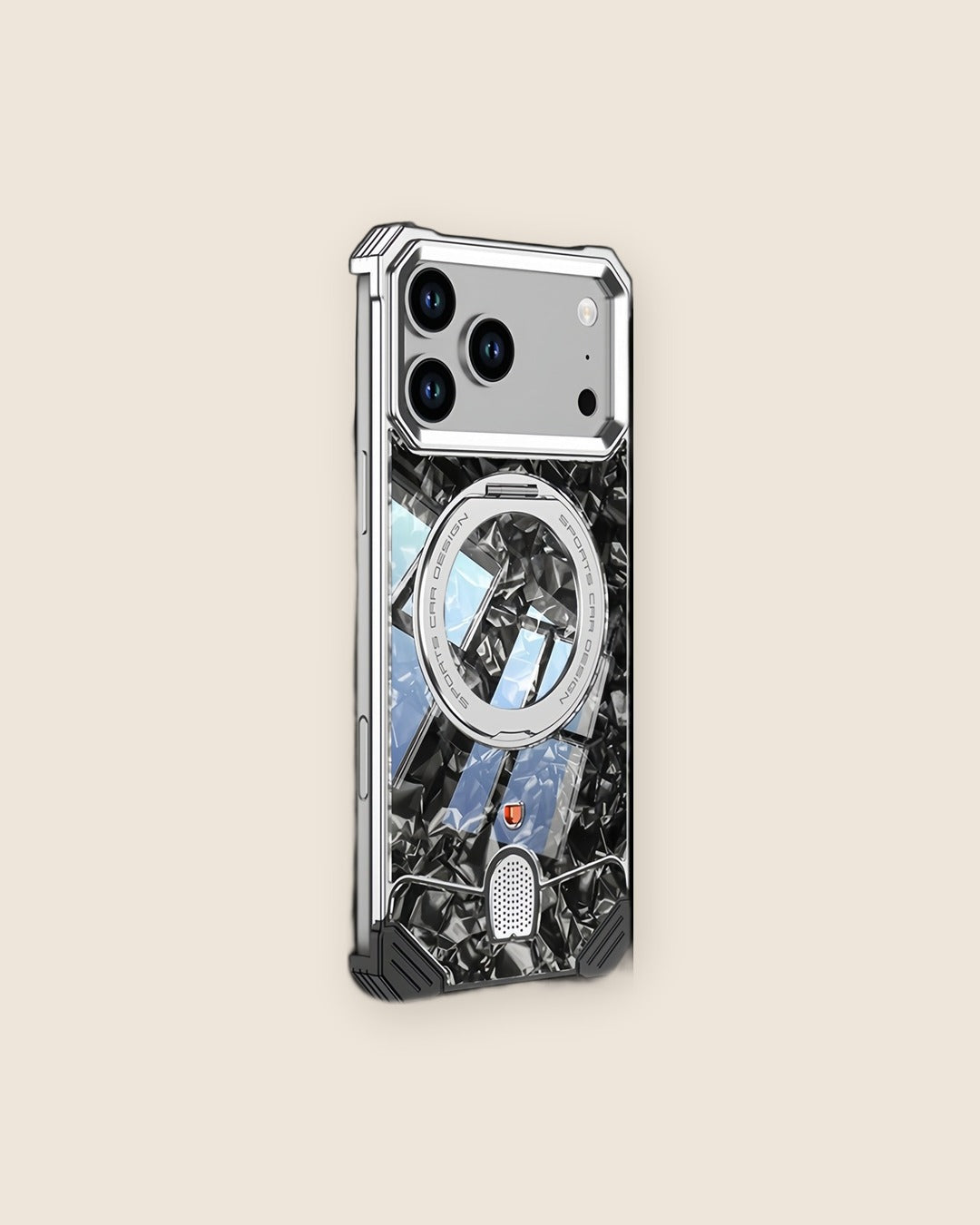 Marble Metal iPhone Case with Rotating Ring Stand in Titanium Silver