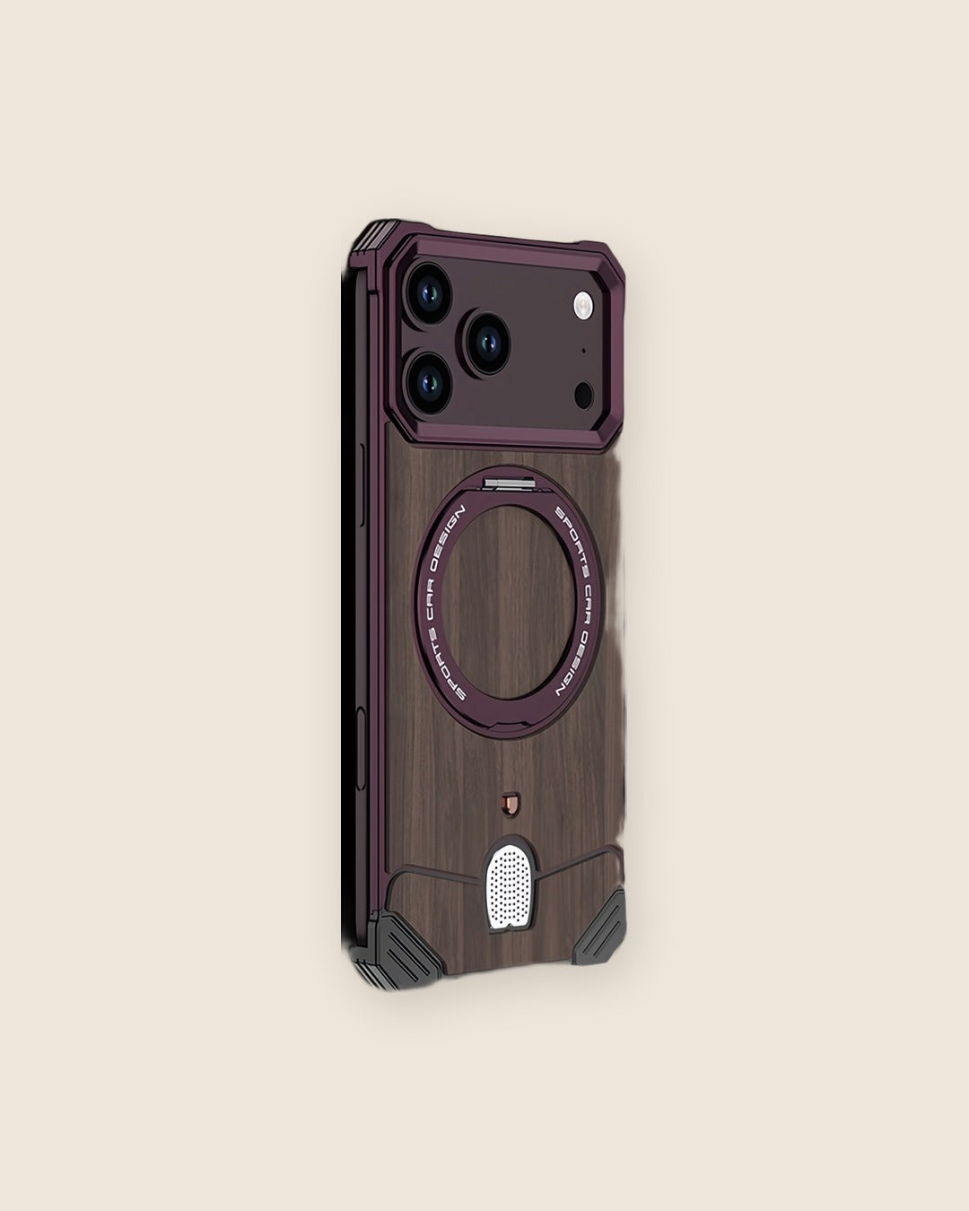 Walnut Wood Metal iPhone Case with Ring Stand in Burgundy