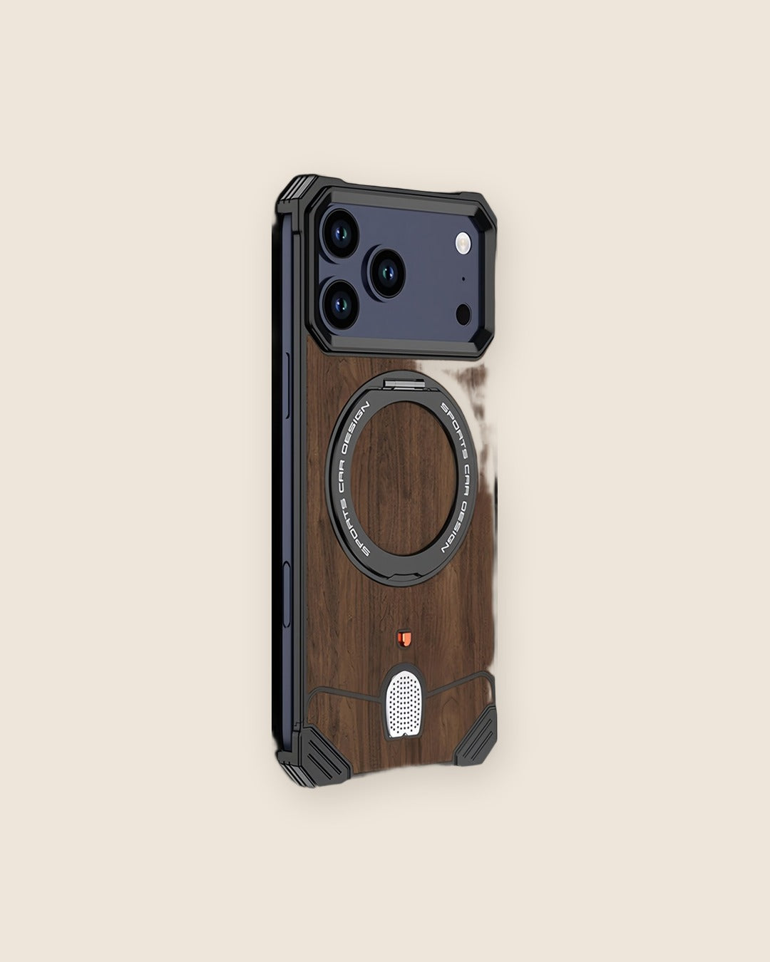 Walnut Wood Metal iPhone Case with Ring Stand in Obsidian Black