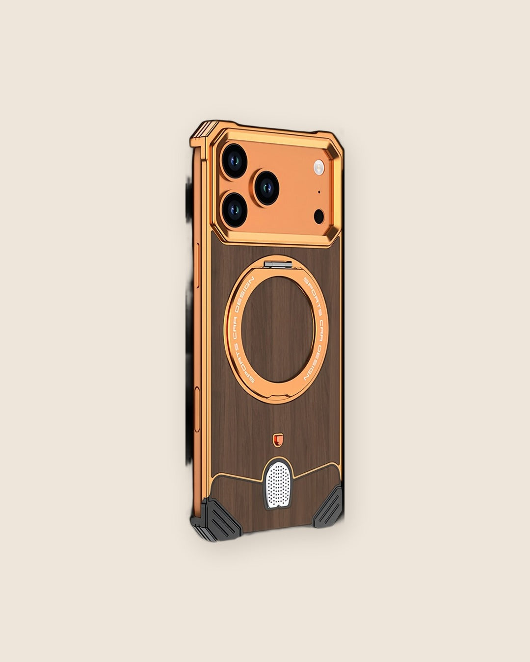 Walnut Wood Metal iPhone Case with Ring Stand in Sunset Orange