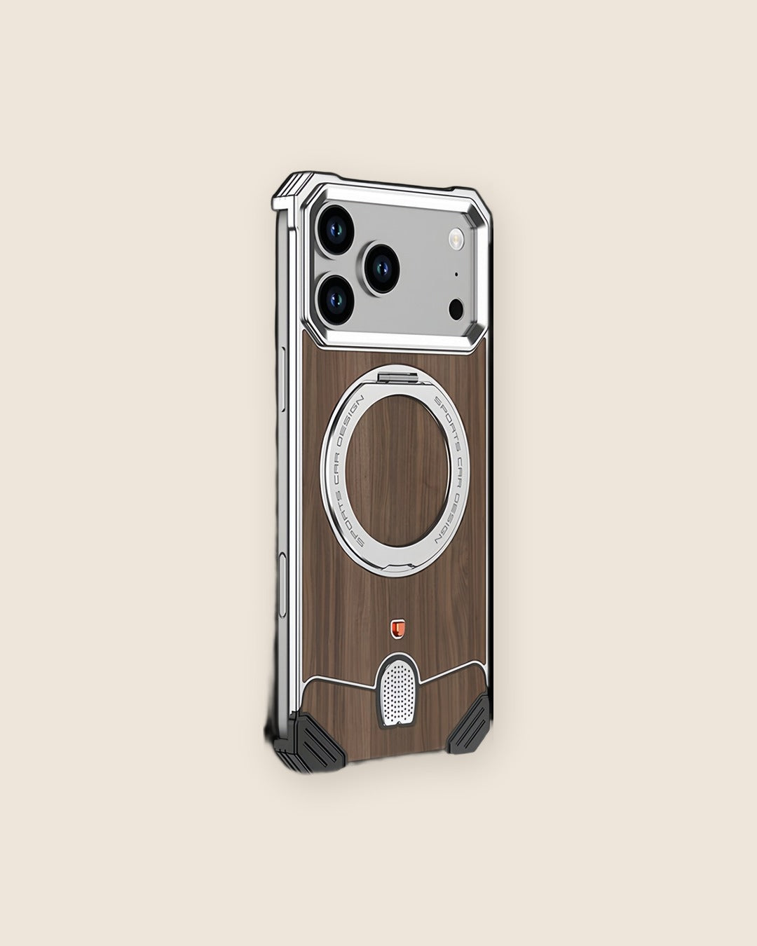 Walnut Wood Metal iPhone Case with Ring Stand in Titanium Silver