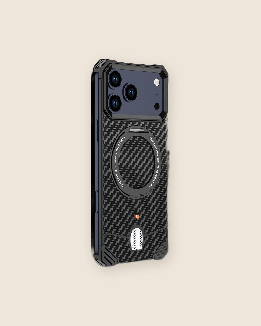 Carbon Fiber Metal iPhone Case with Ring Stand in Obsidian Black