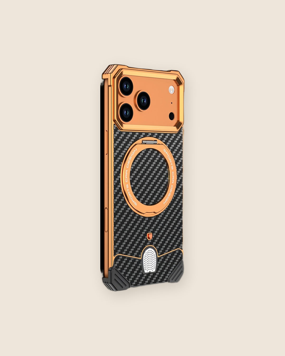 Carbon Fiber Metal iPhone Case with Ring Stand in Sunset Orange