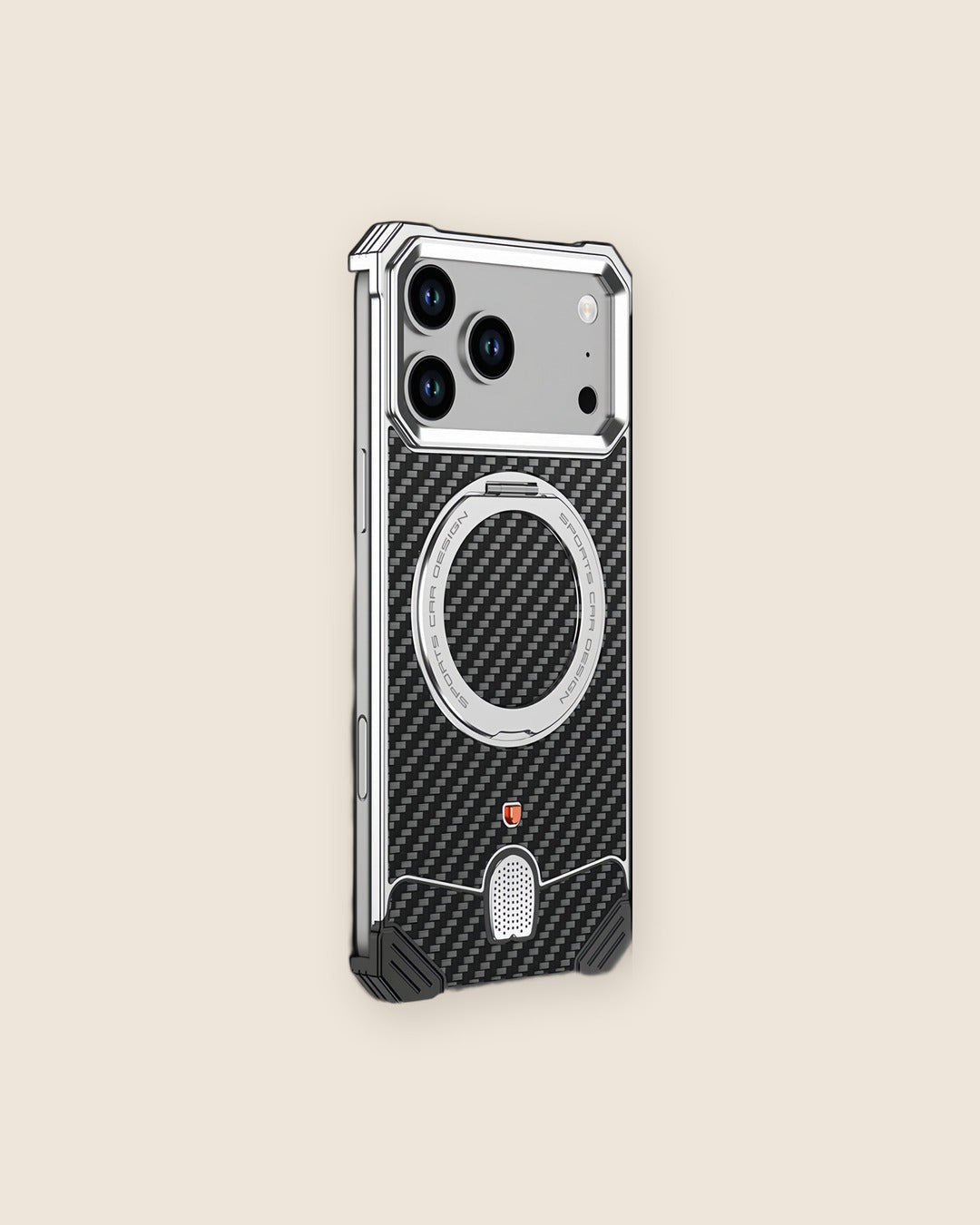 Carbon Fiber Metal iPhone Case with Ring Stand in Titanium Silver
