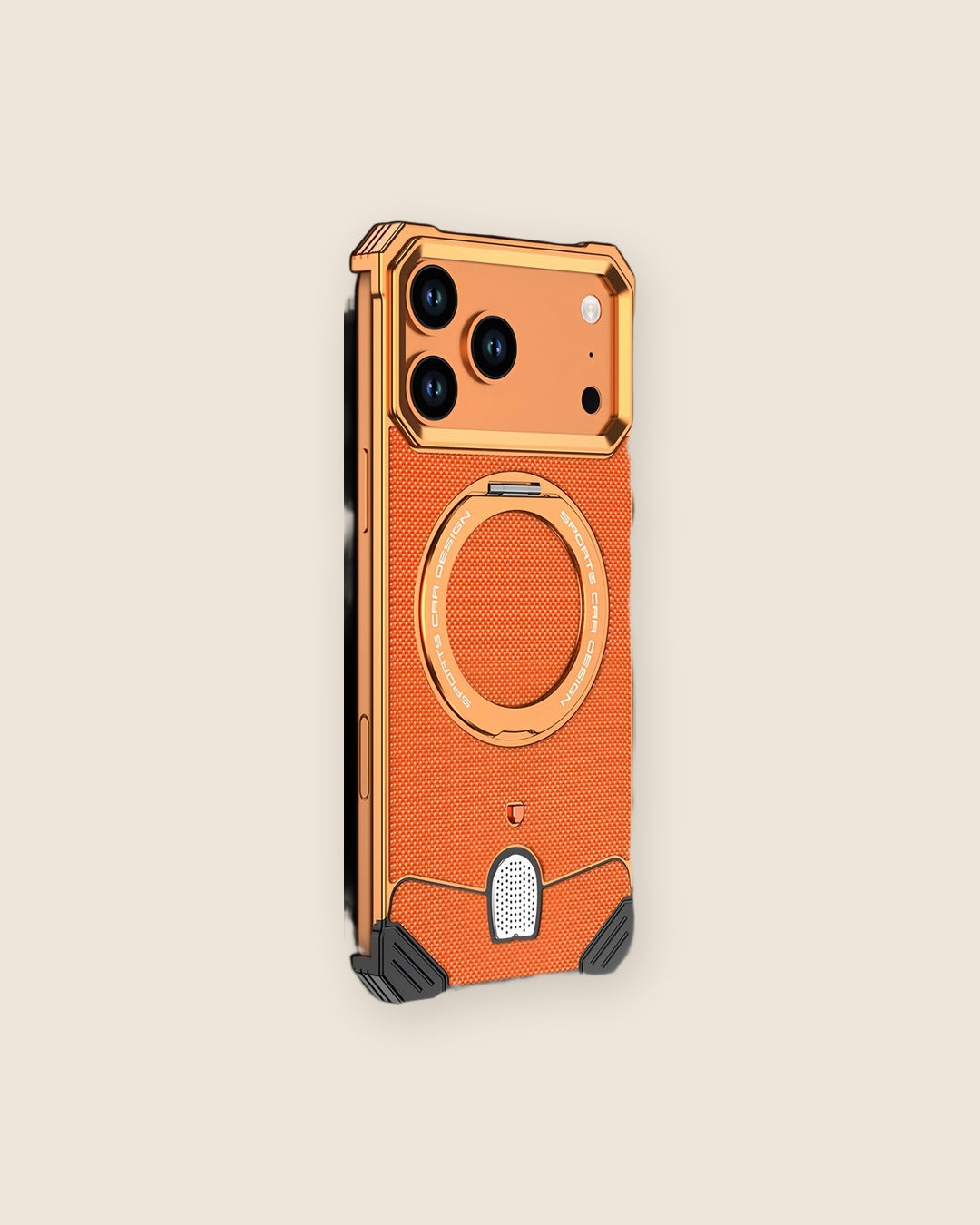 Leather Texture Metal iPhone Case with 360° Kickstand in Sunset Orange