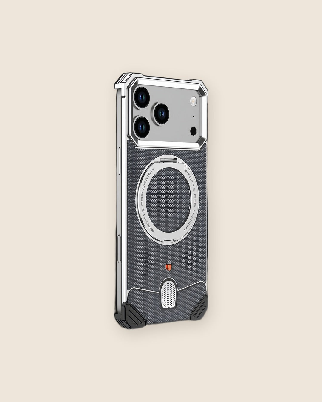 Leather Texture Metal iPhone Case with 360° Kickstand in Titanium Silver