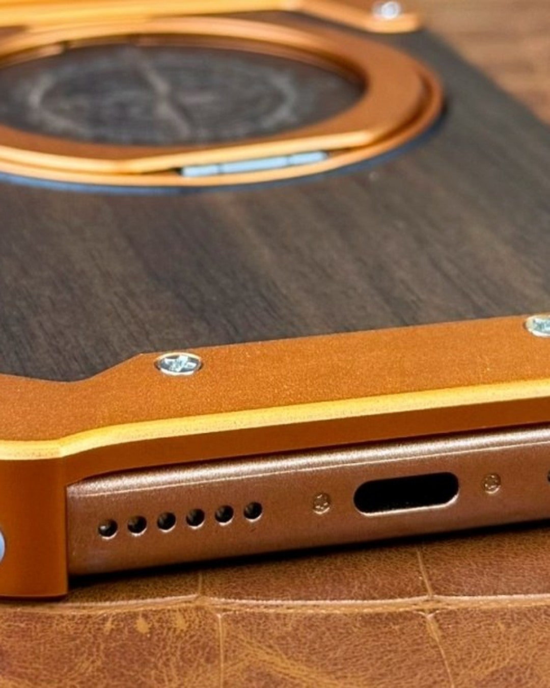 Walnut Wood iPhone Case with Compass Kickstand – detail view