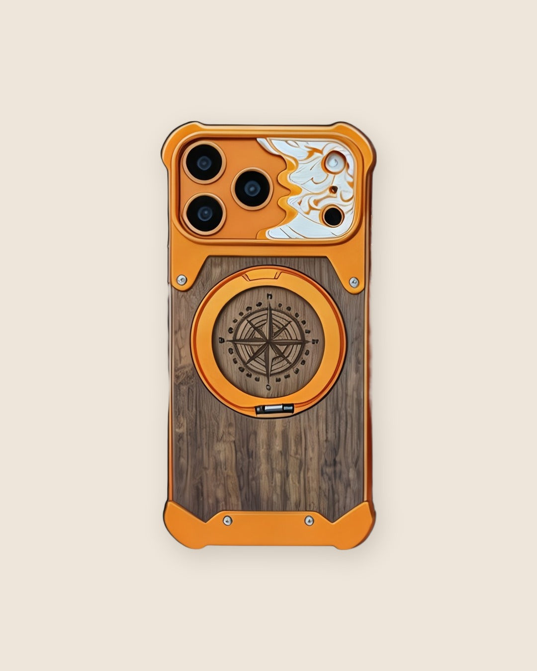 Walnut Wood iPhone Case with Compass Kickstand in Sunset Orange