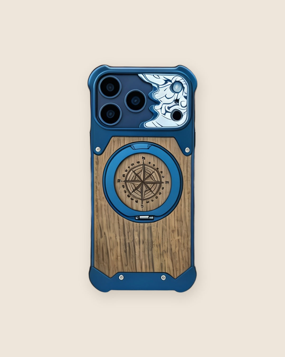 Walnut Wood iPhone Case with Compass Kickstand in Titanium Blue