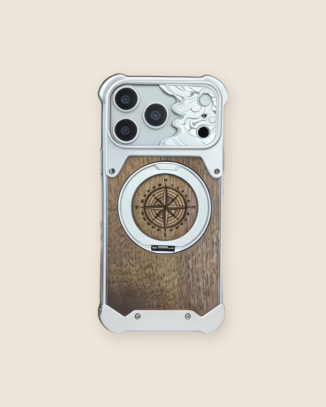 Walnut Wood iPhone Case with Compass Kickstand in Titanium Silver