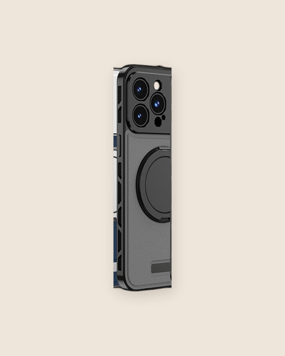 Faux Leather Metal iPhone Case with Magnetic Ring in Black Grey