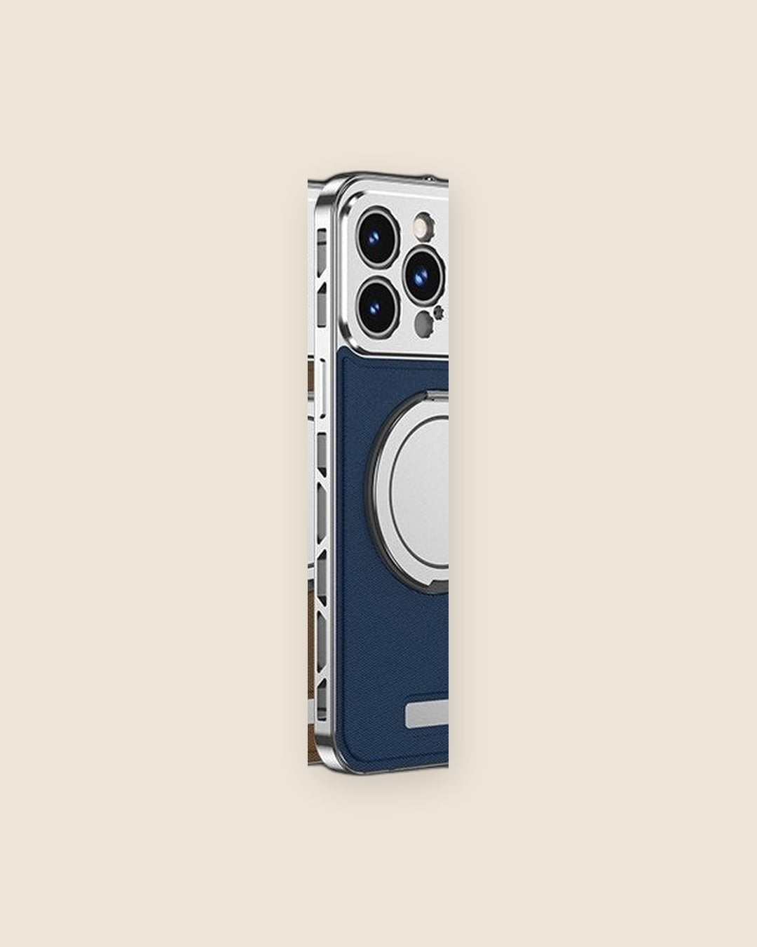 Faux Leather Metal iPhone Case with Magnetic Ring in Silver Blue