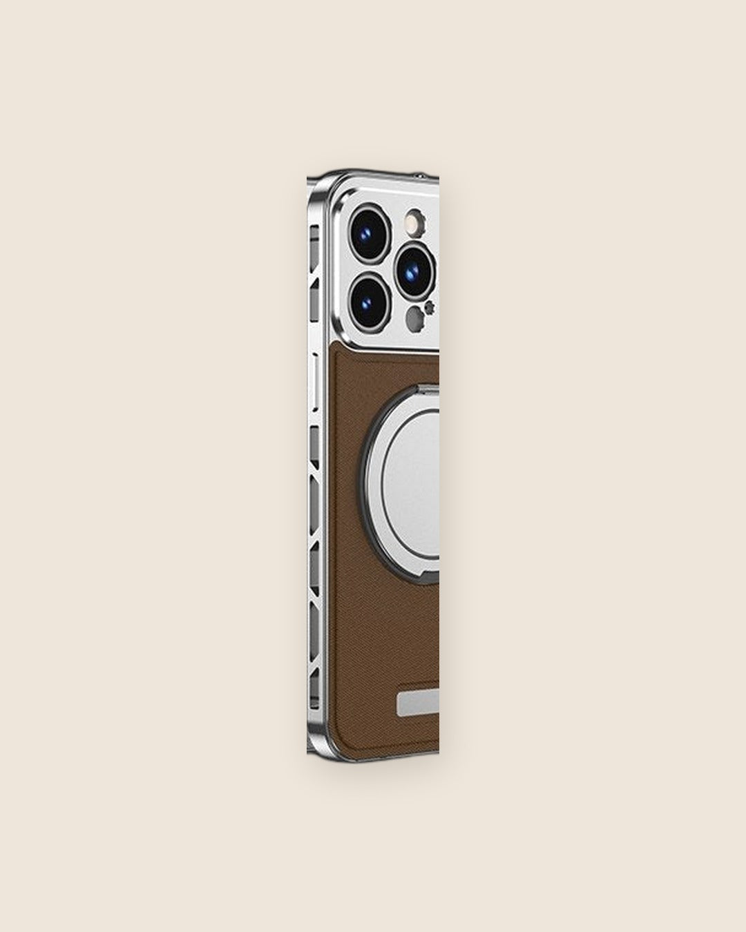 Faux Leather Metal iPhone Case with Magnetic Ring in Silver Brown